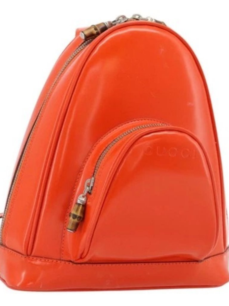 Gucci Bamboo Shoulder Bag Patent Leather Orange Silver Auth 181171